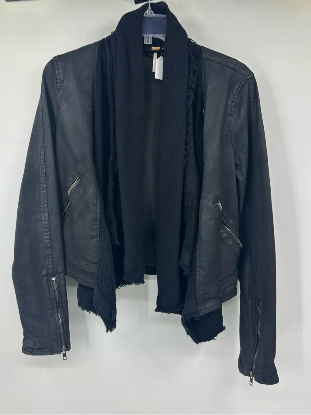 Free People Coated Black Moto Jacket Waterfall Drape Front Zip Cuffs Size 4